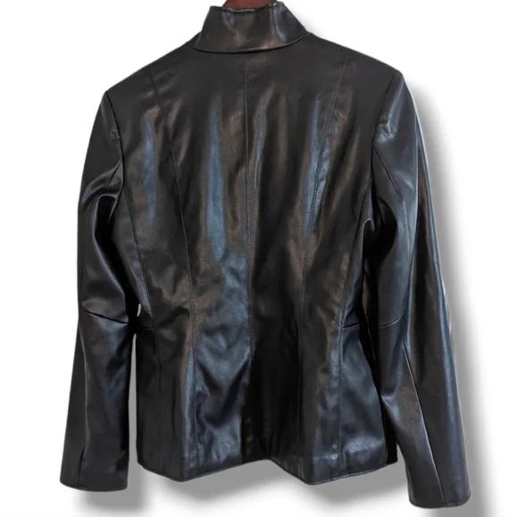 Cole Haan | Black Vegan Leather Gold Zipper Timeless Jacket Women's Size M - Picture 4 of 6